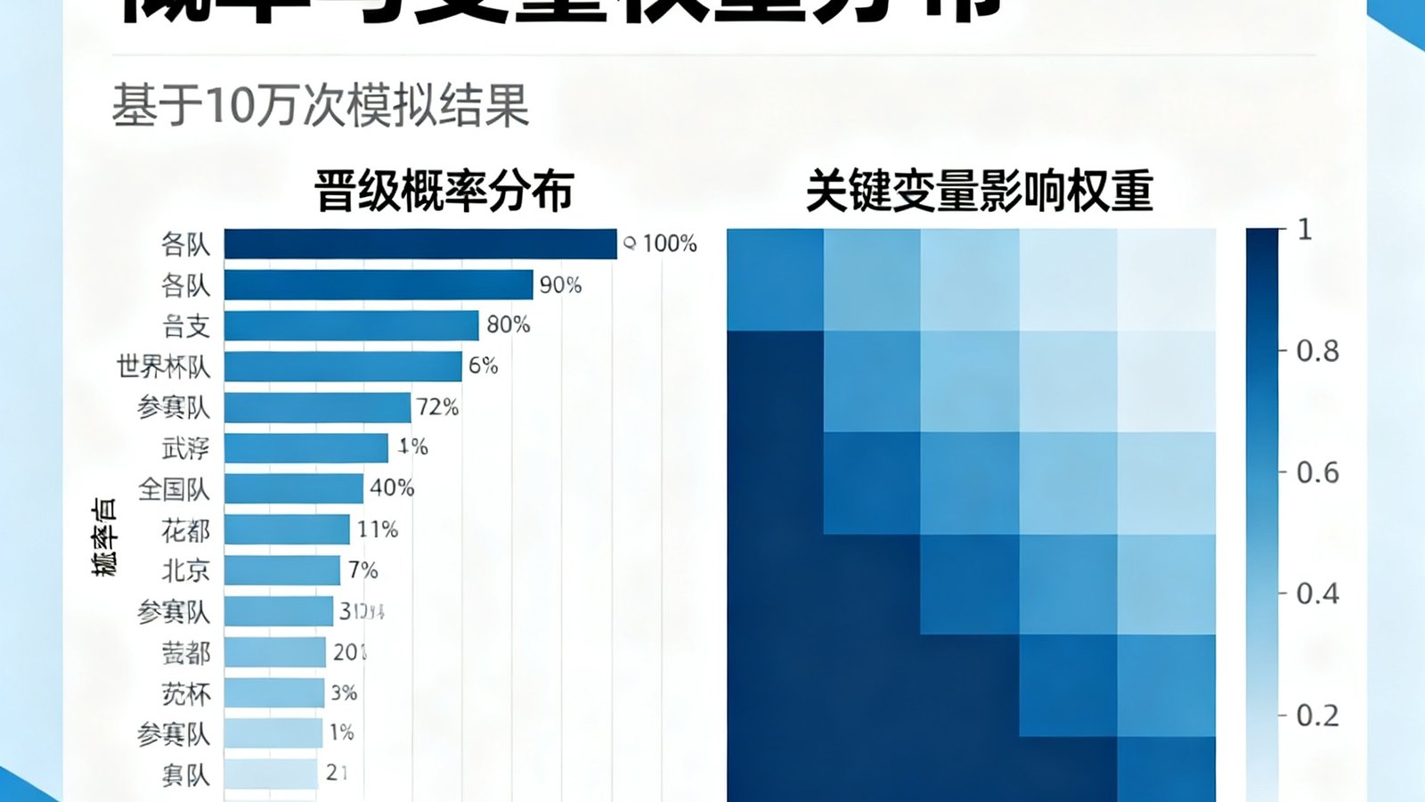 世界杯数据预测系统的蒙特卡洛模拟结果可视化图表，展示各队晋级概率分布与关键变量影响权重